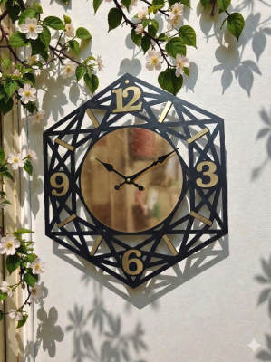 Modern Geometric Hexagon Wall Clock – Black & Gold Laser Cut Decor