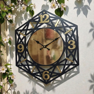 Modern Geometric Hexagon Wall Clock – Black & Gold Laser Cut Decor